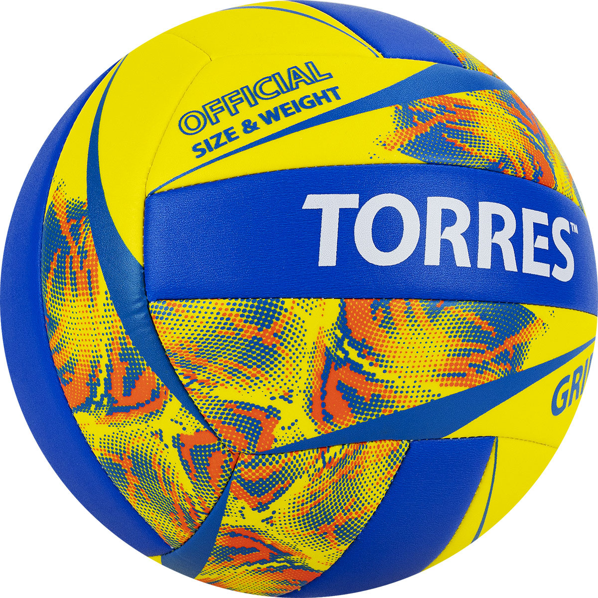 Мяч волейбольный Torres Grip Y V32185, р.5, синт.кожа (ТПУ), маш. сшивка, бут.камера,желто-синий 1200_1200