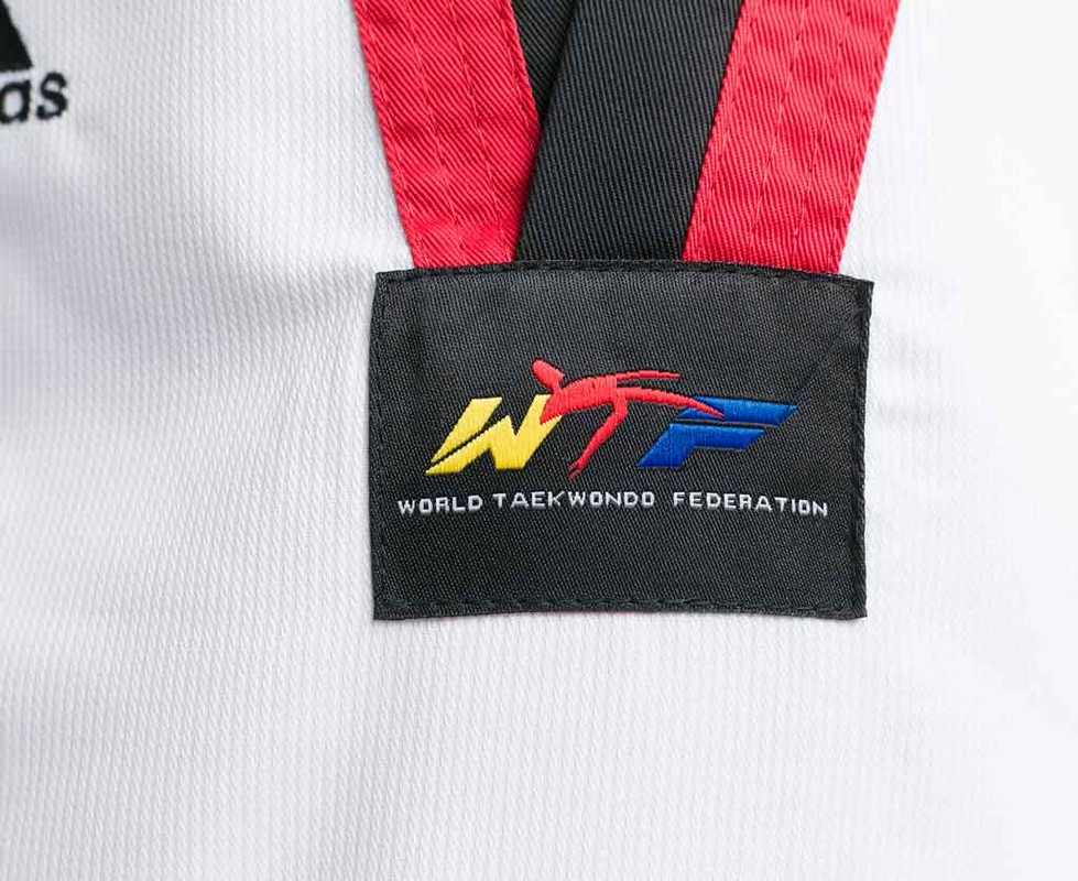 Добок для тхэквондо подростковый Adidas WTF Adi-Start белый с красно-черным воротником 979_800
