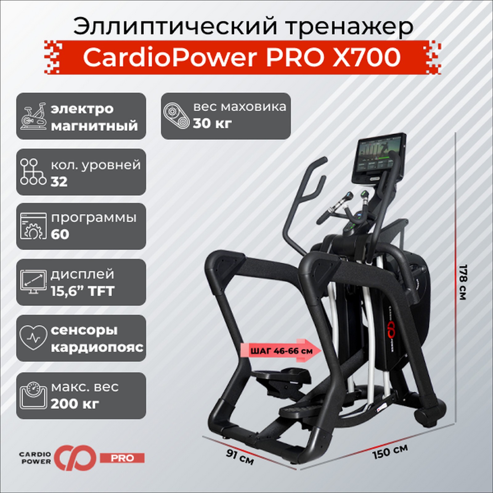 Профессиональный эллиптический тренажер CardioPower Pro X700 1600_1600